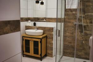 a bathroom with a sink and a shower at Gościniec Stara Mleczarnia in Bolków