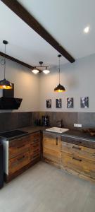 a kitchen with wooden cabinets and a sink at Kastaniennest in Bingerbrück