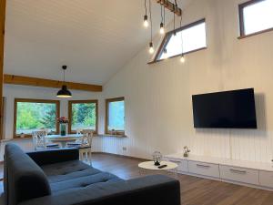 TV a/nebo společenská místnost v ubytování Ferienhaus im Harz, direkt am Wald, Terrasse&Garten, Grill, ruhige Lage, WLAN, Wandern,