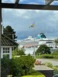 a cruise ship in a harbor with a flag at Kanalsuite direkt am Nord-Ostsee-Kanal in Westerrönfeld