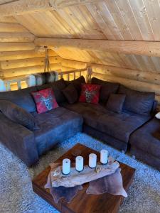a living room with a couch and a table at Hahnenkleer Hütte Harzliebe in Goslar