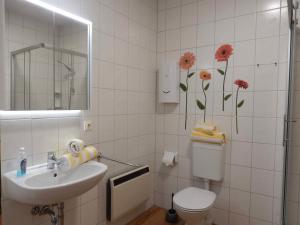 a bathroom with a sink and a toilet and a mirror at Hinter den Dünen D82 in Prerow +3 photos