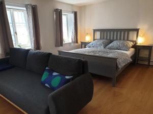 ein Wohnzimmer mit einem Bett und einer Couch in der Unterkunft Torhaus Rattelsdorf - Wohnung 2 Edelweiß in Rattelsdorf