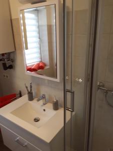 a bathroom with a sink and a shower with a mirror at Ferienwohnung Weiland 60qm in Lutherstadt Eisleben