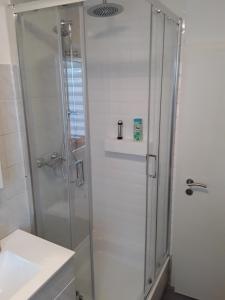 a bathroom with a shower and a sink at Ferienwohnung Weiland 60qm in Lutherstadt Eisleben