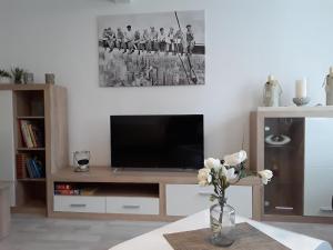 a living room with a television on a table at Ferienwohnung Weiland 60qm in Lutherstadt Eisleben +20 photos