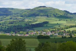 ein grüner Hügel mit einem Dorf in der Mitte in der Unterkunft Rhön Ferienwohnung Ebert in Gersfeld