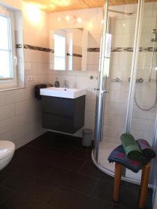 a bathroom with a sink and a shower at Ferienwohnung Belchenliebe in Schönenberg +17 photos