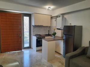 a kitchen with a stainless steel refrigerator and a stove at Apartamente Vista Lago e Mare in Eforie Nord