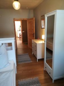 a bedroom with a bed and a dresser and a mirror at Ferienwohnung Storchenblick in Großwulkow +5 photos