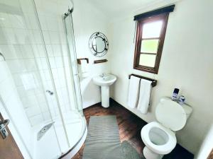 a bathroom with a shower and a toilet and a sink at Roes-se-moes in Kestell +30 photos
