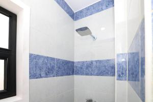 a bathroom with a shower with blue and white tiles at Serenity House Luxor in Luxor +58 photos