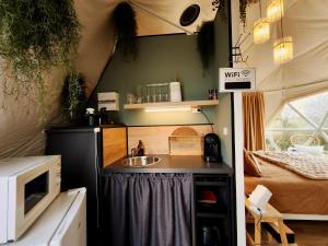 a kitchen with a sink and a microwave in a room at Dôme Saint-Eloi in Floursies