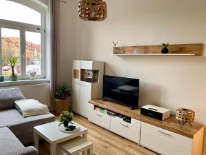 a living room with a flat screen tv on a entertainment center at Ferienwohnung Parkblick in Arnstadt