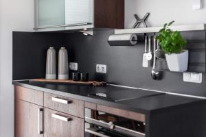 a kitchen with a black counter and a black counter top at Hausboot Chalet am Meer - LP8 in Peenemünde