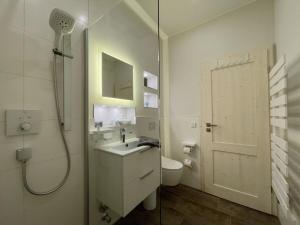 a bathroom with a shower and a sink and a toilet at Ferienwohnung Kleine Auszeit in Neuhaus