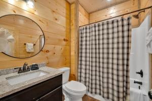 a bathroom with a toilet and a sink and a mirror at Honeybear Hideaways - Luxury Gatlinburg Smoky Cabin with Indoor Pool and Hot Tub in Gatlinburg
