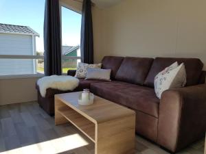 ein Wohnzimmer mit einem braunen Sofa und einem Couchtisch in der Unterkunft Mobilheim Bachvogel am Kransburger See 552 in Kransburg + 17 Fotos