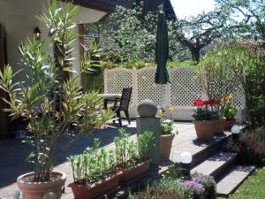 a patio with plants and a table and a fence at Ferienwohnung Haus Winterberg in Erfweiler