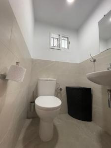 een badkamer met een wit toilet en een wastafel bij Tu casa en Doñana in Matalascañas +13 foto's