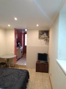 1 dormitorio con 1 cama y TV y cocina en частный дом, отдельный вход и двор, en Cherkasy