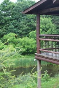 un banco de madera junto a un cuerpo de agua en Bushwood Cabin, en Logan