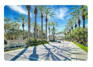 una strada con palme e un'auto che percorre una strada di Ritz Pointe dr a Dana Point