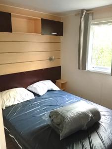 1 dormitorio con cama azul y ventana en Mobil-Home Provence, en Cheval Blanc