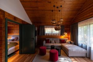 クラウスタール・ツェラーフェルトにあるAlm-Lodgeのソファとベッドのあるリビングルーム