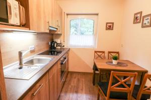 a small kitchen with a sink and a table at Familienhof Brüning - Waldblick in Meppen