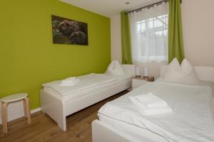 two beds in a room with green walls at Ferienhaus Biber im Sternenpark in Lochow