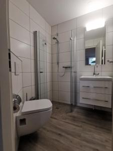 ブットヤーディンゲンにあるFeWo Urbaniak Tossensのトイレ、洗面台、シャワー付きのバスルーム