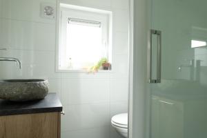 ein Badezimmer mit Waschbecken und Toilette und einem Fenster in der Unterkunft Chalet bis 4 Personen ohne Hund - a61177 in Norden