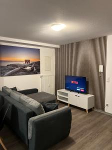 a living room with a couch and a flat screen tv at City Unterkunft 4 in Heilbronn