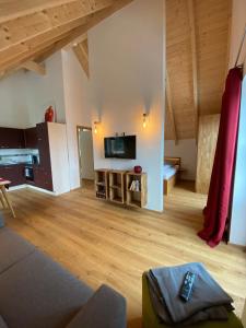 a living room with a couch and a television at Ferienwohnung Apfelkrönchen in Spiegelberg +7 photos