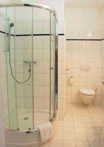 a bathroom with a shower and a toilet at Zentrale Ferienwohnung 51qm im Hotel zur Börse in Hameln