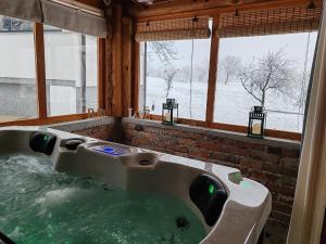 a jacuzzi tub in a room with windows at Holiday home Poljak in Tounj +54 photos