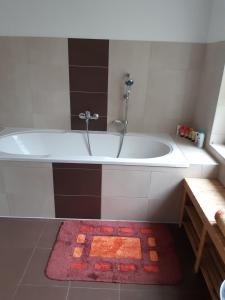a bathroom with a tub and a red rug at Ferienwohnung in Gresenhorst