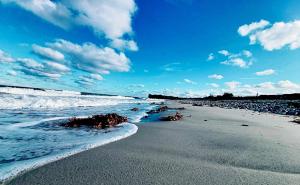 a beach with waves and rocks in the water at Stadtvilla in Kiel