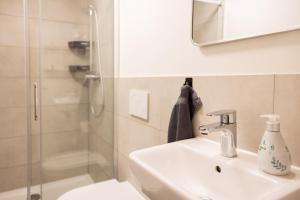 a bathroom with a sink and a shower at Schöne FeWo im Allgäu für bis zu 10 Pers. in Bad Hindelang +15 photos