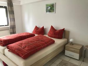 a bedroom with two beds with red pillows at Ferienwohnung Dipperz Rhön in Dipperz