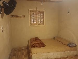 a small bedroom with a bed and a window at Karam Siwa Camp in Siwa