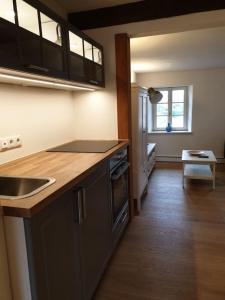 a kitchen with a sink and a counter top at Torhaus Rattelsdorf - Wohnung 3 Lilie in Rattelsdorf
