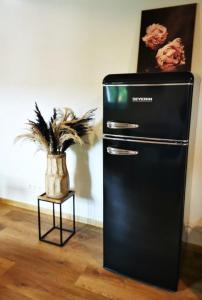 a black refrigerator next to a table with a potted plant at Rösslerhof Ferienwohnung Rösslerweiher in Schlier-Unterankenreute