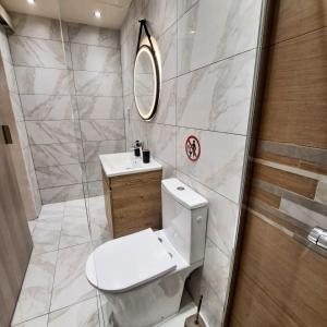 a bathroom with a toilet and a sink and a mirror at Central Piraeus port apartment in Piraeus +26 photos