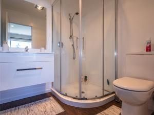 a bathroom with a shower and a toilet at Ohakune Holiday Home Retreat with Hot Tub in Ohakune +16 photos