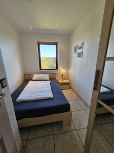 una piccola camera da letto con un letto e una finestra di Ferienhaus Ostseeblick Schönhagen a Brodersby