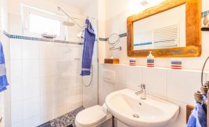 a bathroom with a sink and a toilet and a mirror at 4 Sterne-Terrassen-Fewo "Heimathaven" direkt am Ostseestrand inkl Schwimmbad in Kronsgaard