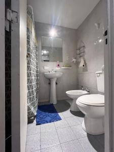 a bathroom with two toilets and a sink and a blue rug at Loft plaza España in Mendoza