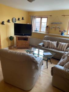 Una televisión o centro de entretenimiento en Haus Wildgans - Ferienwohnung Sonnenblume